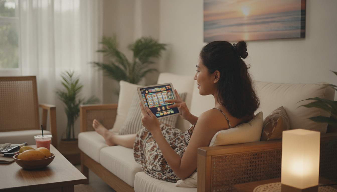 A woman playing slots on a device